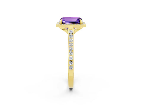Yellow gold Emerald Cut Halo Round Diamond Pavé Band with Four-Prong Setting_2