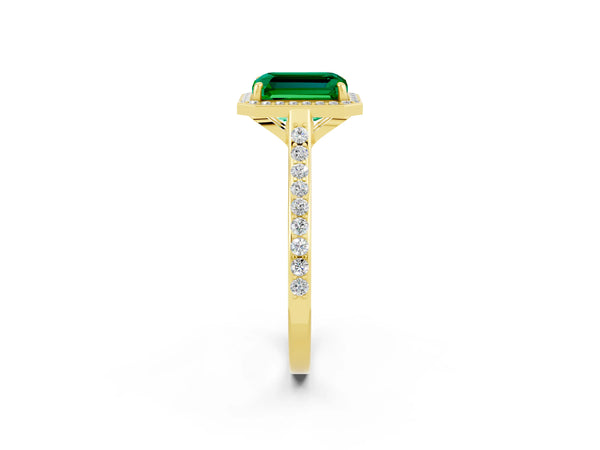 Yellow gold Emerald Cut Emerald Halo Engagement Ring with Round Pavé Shoulders and Prong Setting