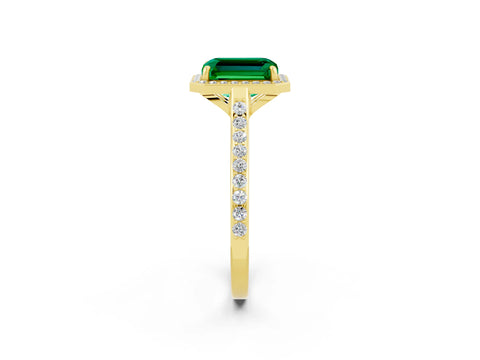 Yellow gold Emerald Cut Halo Round Diamond Pavé Band with Four-Prong Setting_2