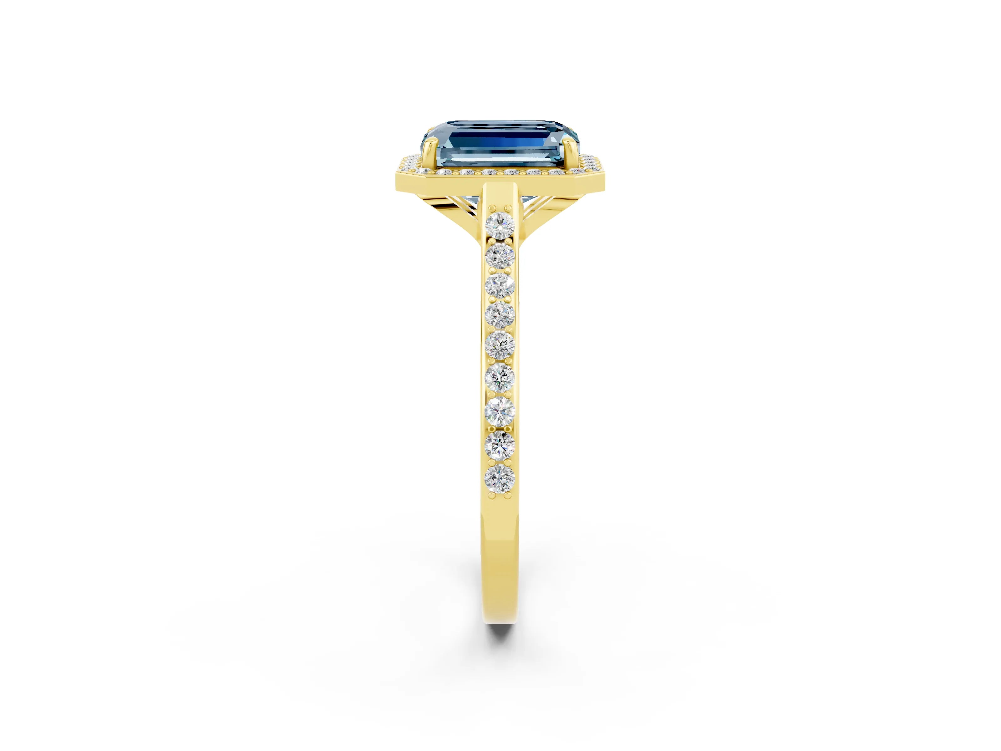 Yellow gold Emerald Cut Halo Round Diamond Pavé Band with Four-Prong Setting_2