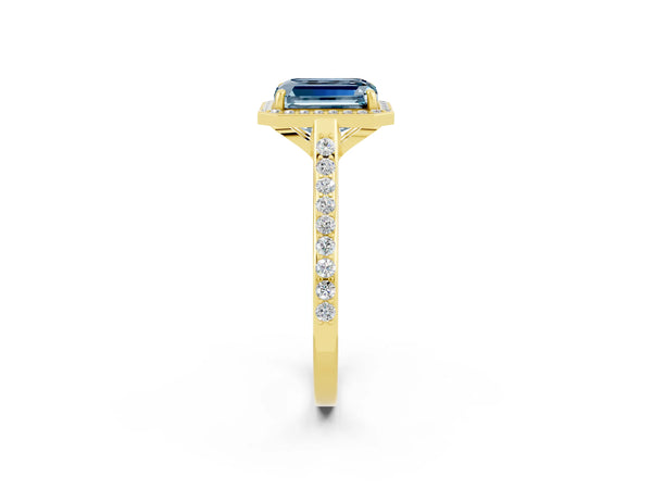 Yellow gold Emerald Cut Aquamarine Halo Engagement Ring with Round Pavé Shoulders and Prong Setting