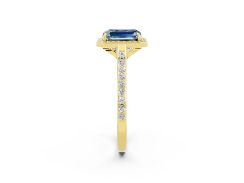 Yellow gold Emerald Cut Halo Round Diamond Pavé Band with Four-Prong Setting_2