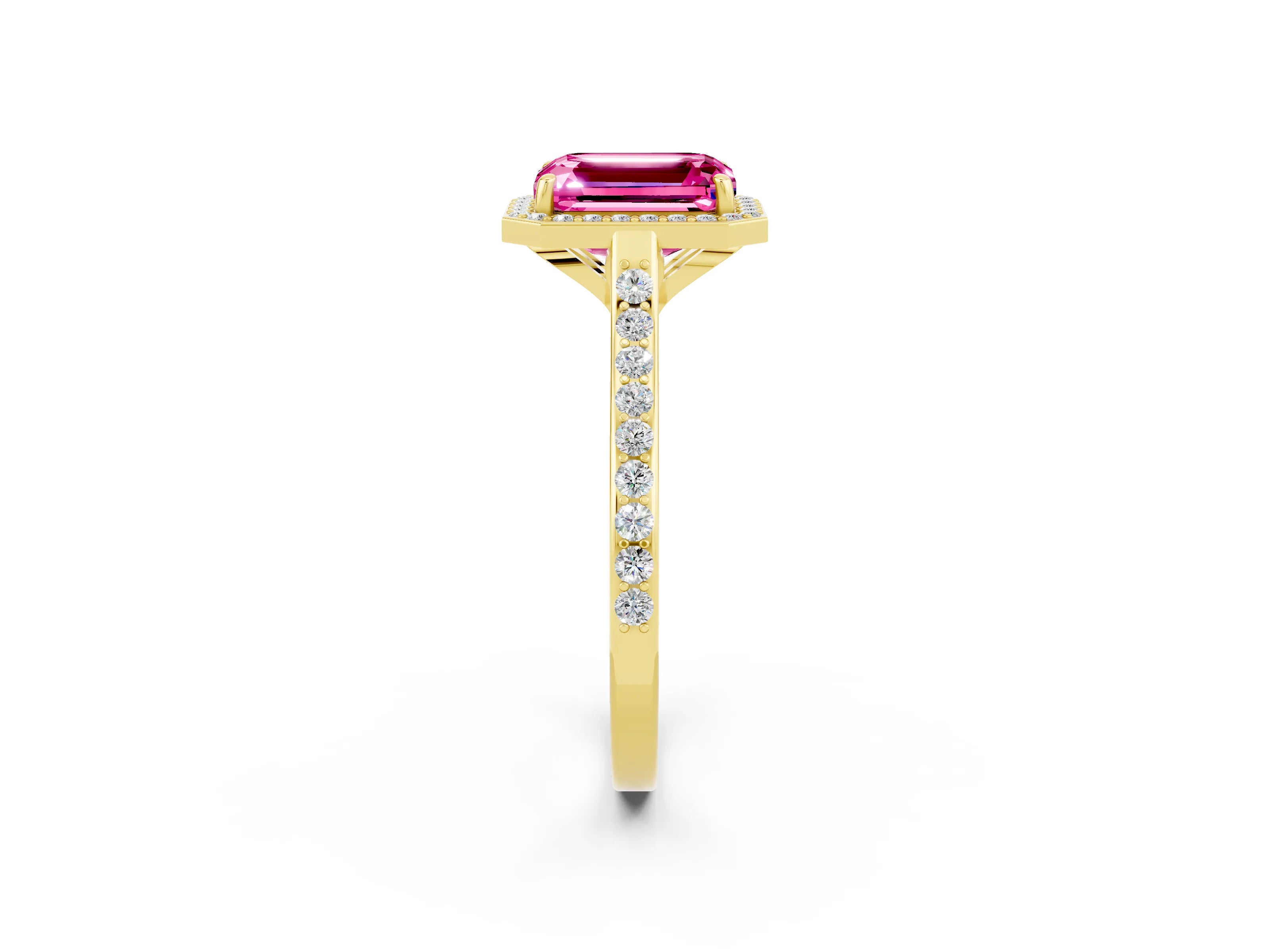 Yellow gold Emerald Cut Halo Round Diamond Pavé Band with Four-Prong Setting_2