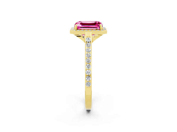 Yellow gold Emerald Cut Pink Sapphire Halo Engagement Ring with Round Pavé Shoulders and Prong Setting