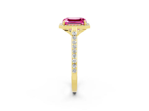 Yellow gold Emerald Cut Halo Round Diamond Pavé Band with Four-Prong Setting_2