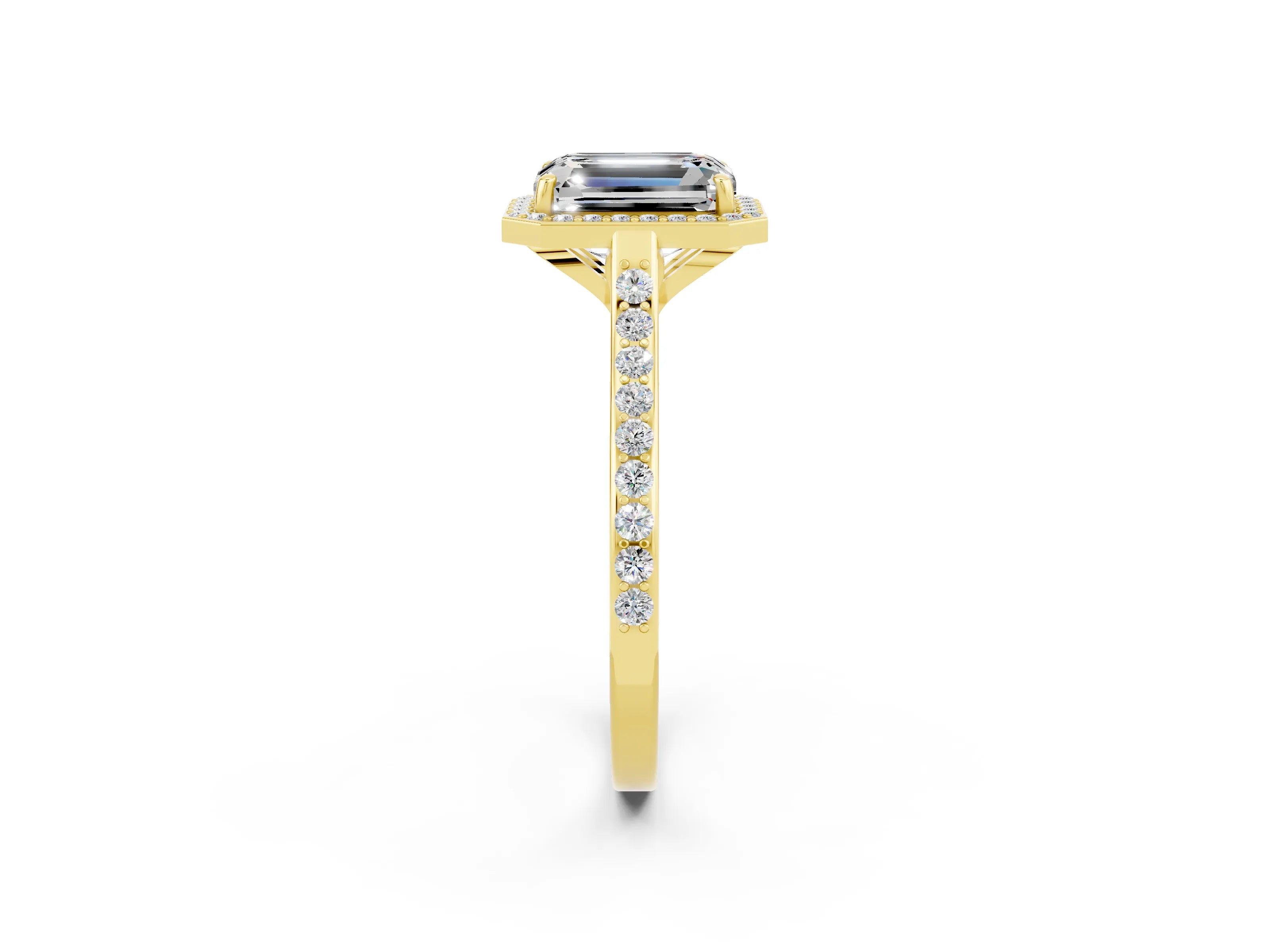 Yellow gold Emerald Cut Halo Round Diamond Pavé Band with Four-Prong Setting_2