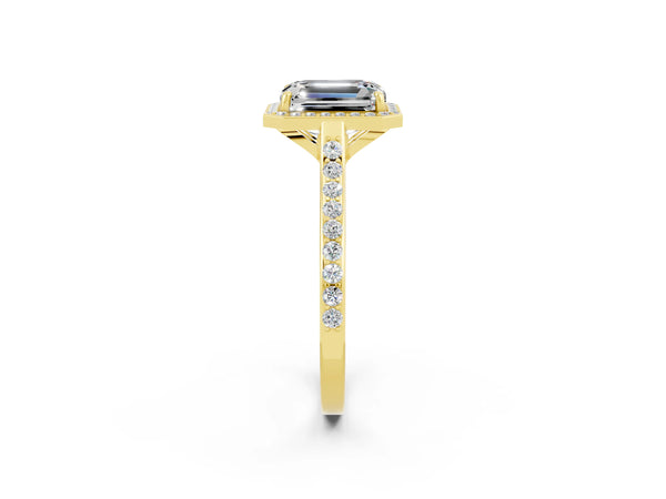 Yellow gold Emerald Cut Moissanite Halo Engagement Ring with Round Pavé Shoulders and Prong Setting