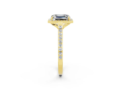 Yellow gold Emerald Cut Halo Round Diamond Pavé Band with Four-Prong Setting_2