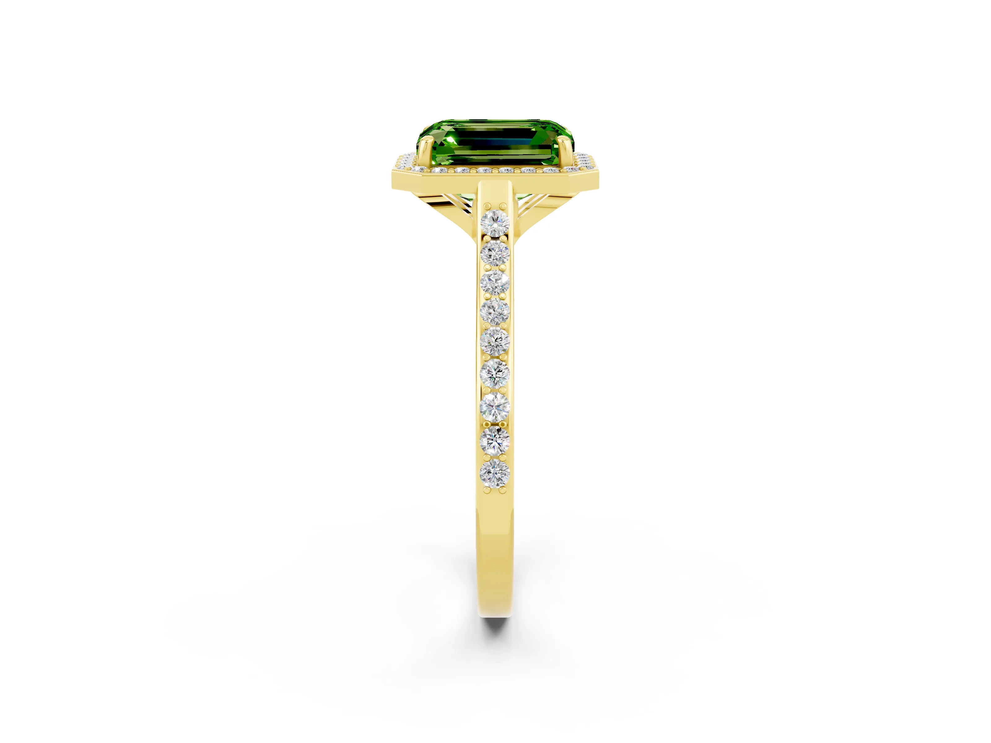 Yellow gold Emerald Cut Halo Round Diamond Pavé Band with Four-Prong Setting_2