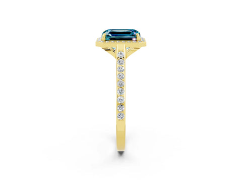 Yellow gold Emerald Cut Halo Round Diamond Pavé Band with Four-Prong Setting_2