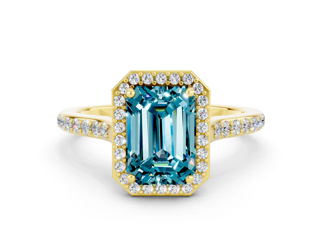 Yellow gold Emerald Cut Halo Round Diamond Pavé Band with Four-Prong Setting