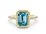 Yellow gold Emerald Cut Halo Round Diamond Pavé Band with Four-Prong Setting