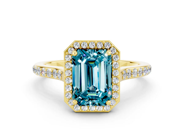 Yellow gold Emerald Cut Halo Round Diamond Pavé Band with Four-Prong Setting
