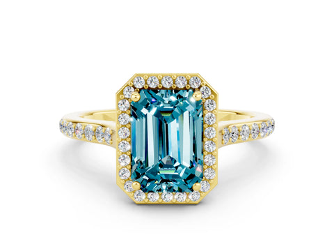Yellow gold Emerald Cut Halo Round Diamond Pavé Band with Four-Prong Setting