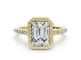 Yellow gold Emerald Cut Halo Round Diamond Pavé Band with Four-Prong Setting_3