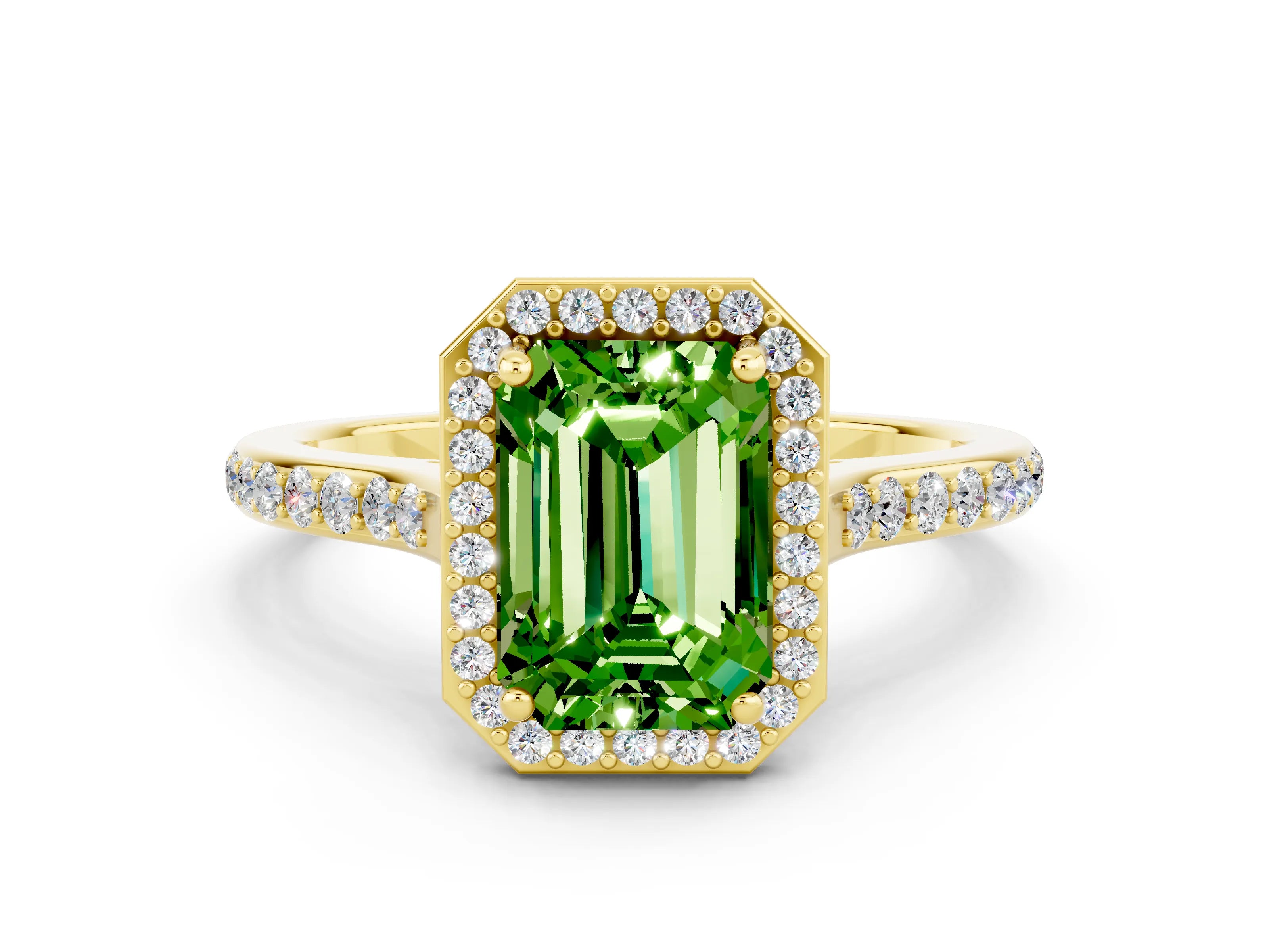 Yellow gold Emerald Cut Halo Round Diamond Pavé Band with Four-Prong Setting
