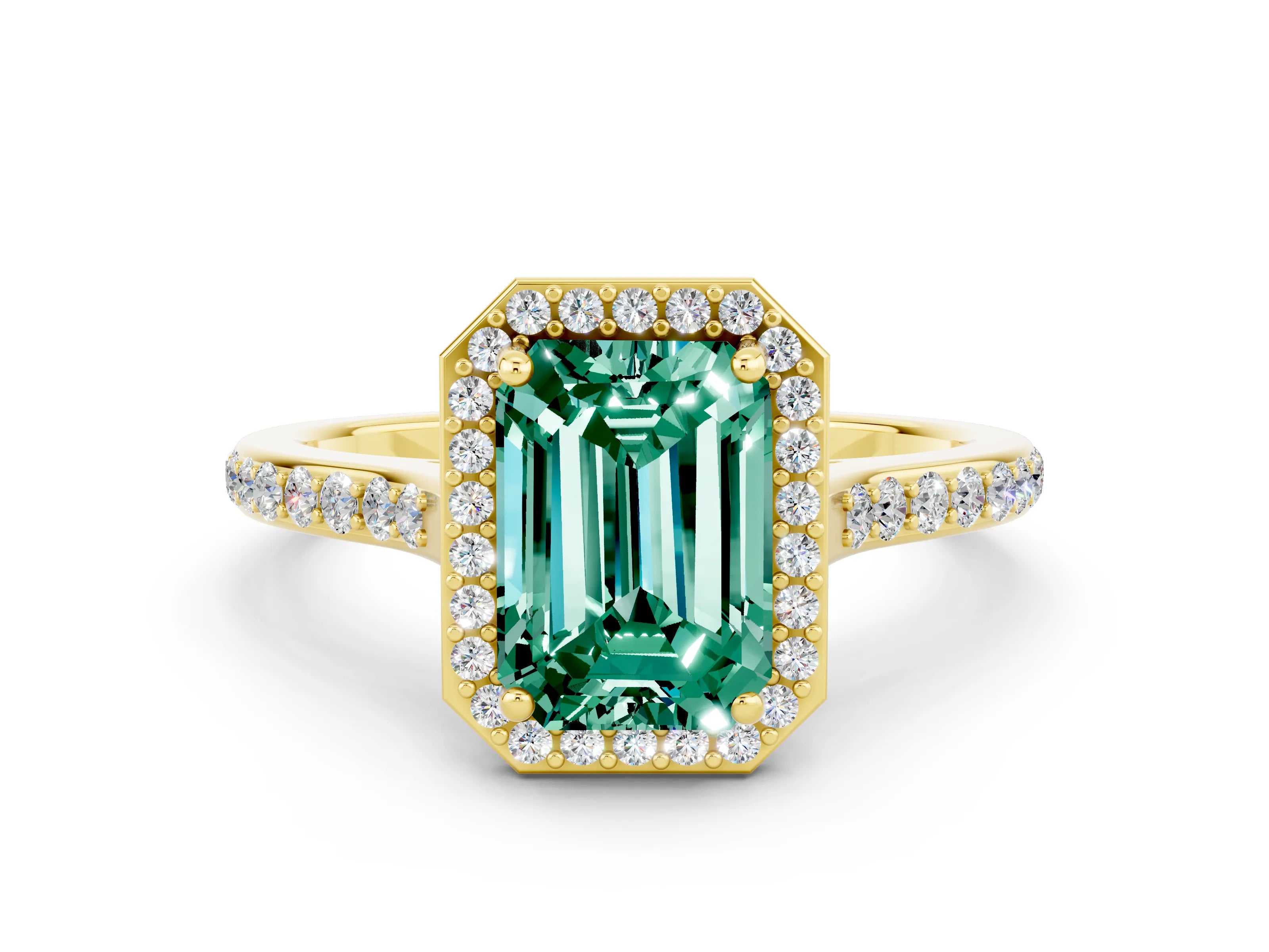 Yellow gold Emerald Cut Halo Round Diamond Pavé Band with Four-Prong Setting