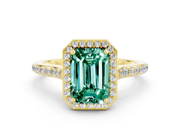 Yellow gold Emerald Cut Green Sapphire Halo Engagement Ring with Round Pavé Shoulders and Prong Setting
