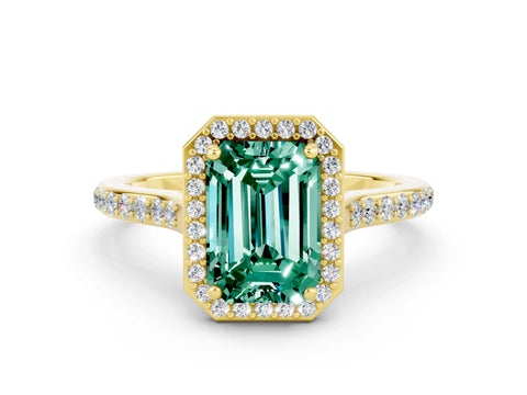 Yellow gold Emerald Cut Halo Round Diamond Pavé Band with Four-Prong Setting