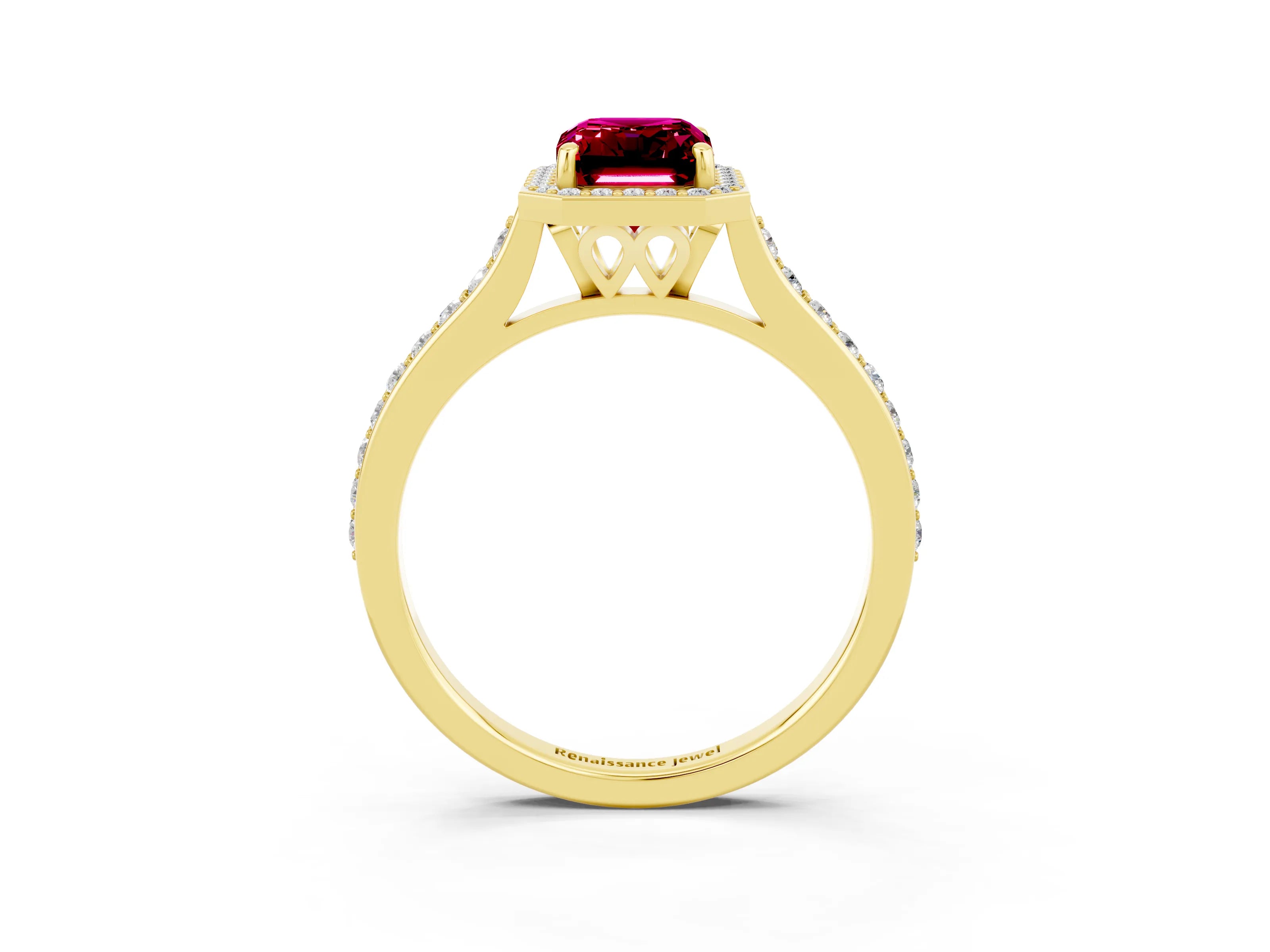 Yellow gold Emerald Cut Halo Round Diamond Pavé Band with Four-Prong Setting_3