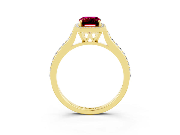 Yellow gold Emerald Cut Garnet Halo Engagement Ring with Round Pavé Shoulders and Prong Setting