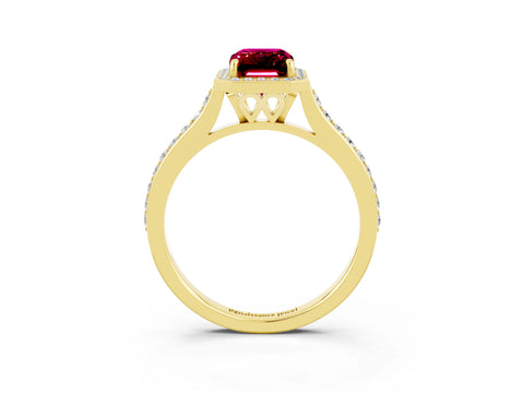 Yellow gold Emerald Cut Halo Round Diamond Pavé Band with Four-Prong Setting_3