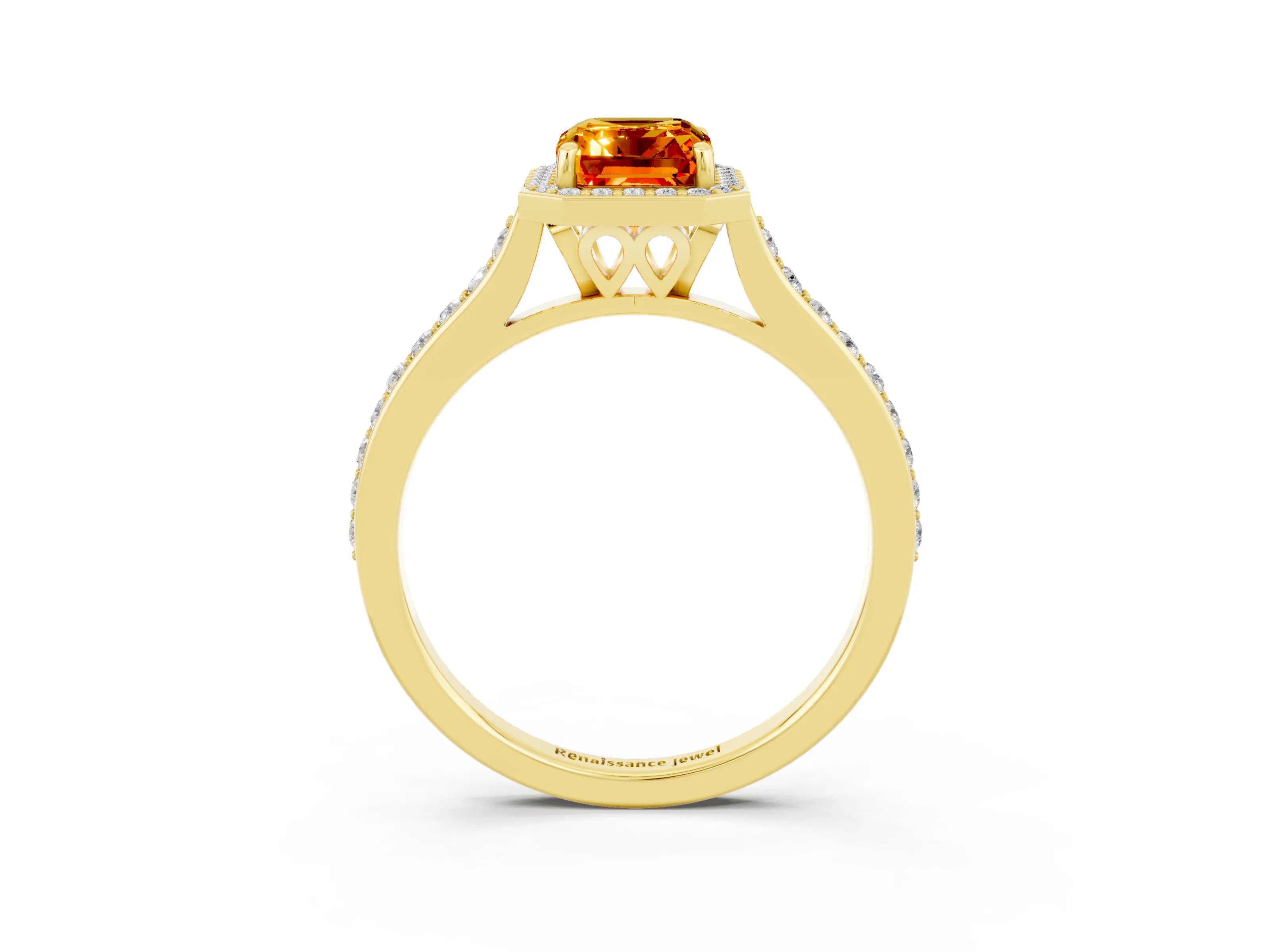 Yellow gold Emerald Cut Halo Round Diamond Pavé Band with Four-Prong Setting_3