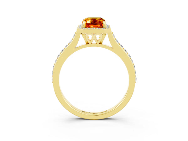 Yellow gold Emerald Cut Citrine Halo Engagement Ring with Round Pavé Shoulders and Prong Setting