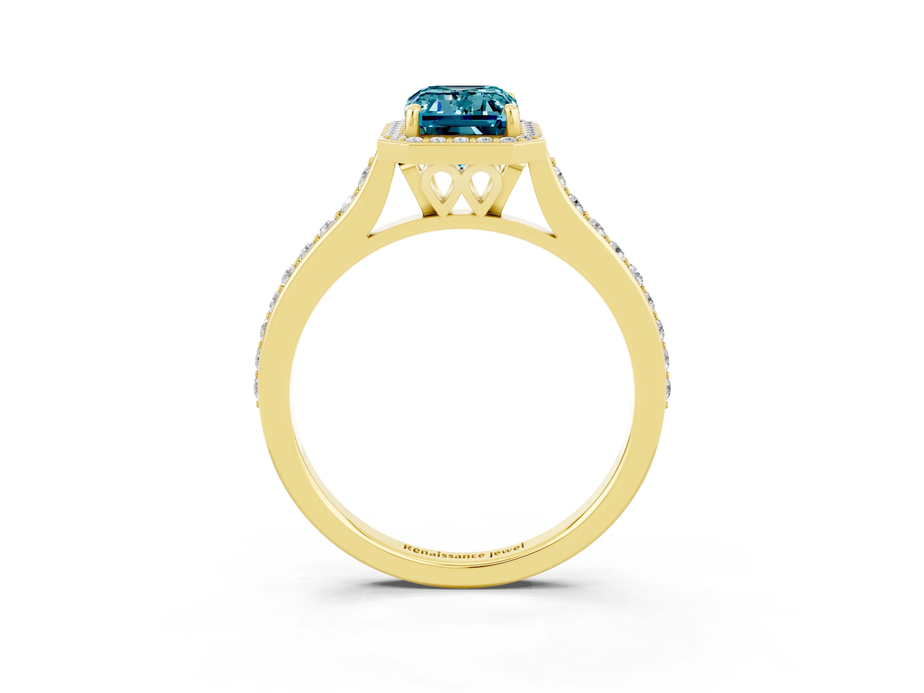 Yellow gold Emerald Cut Halo Round Diamond Pavé Band with Four-Prong Setting_3