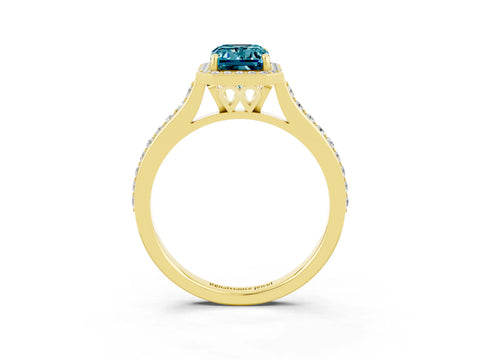Yellow gold Emerald Cut Halo Round Diamond Pavé Band with Four-Prong Setting_3