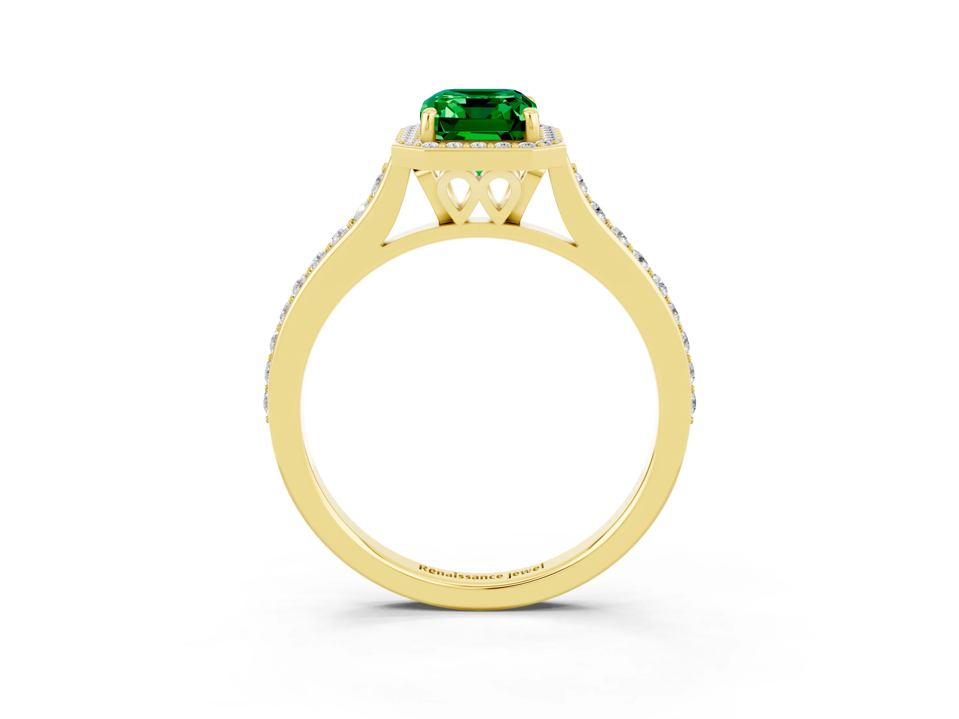 Yellow gold Emerald Cut Halo Round Diamond Pavé Band with Four-Prong Setting_3