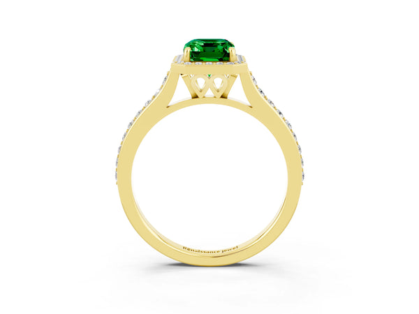 Yellow gold Emerald Cut Emerald Halo Engagement Ring with Round Pavé Shoulders and Prong Setting