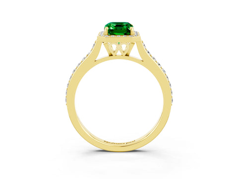 Yellow gold Emerald Cut Halo Round Diamond Pavé Band with Four-Prong Setting_3