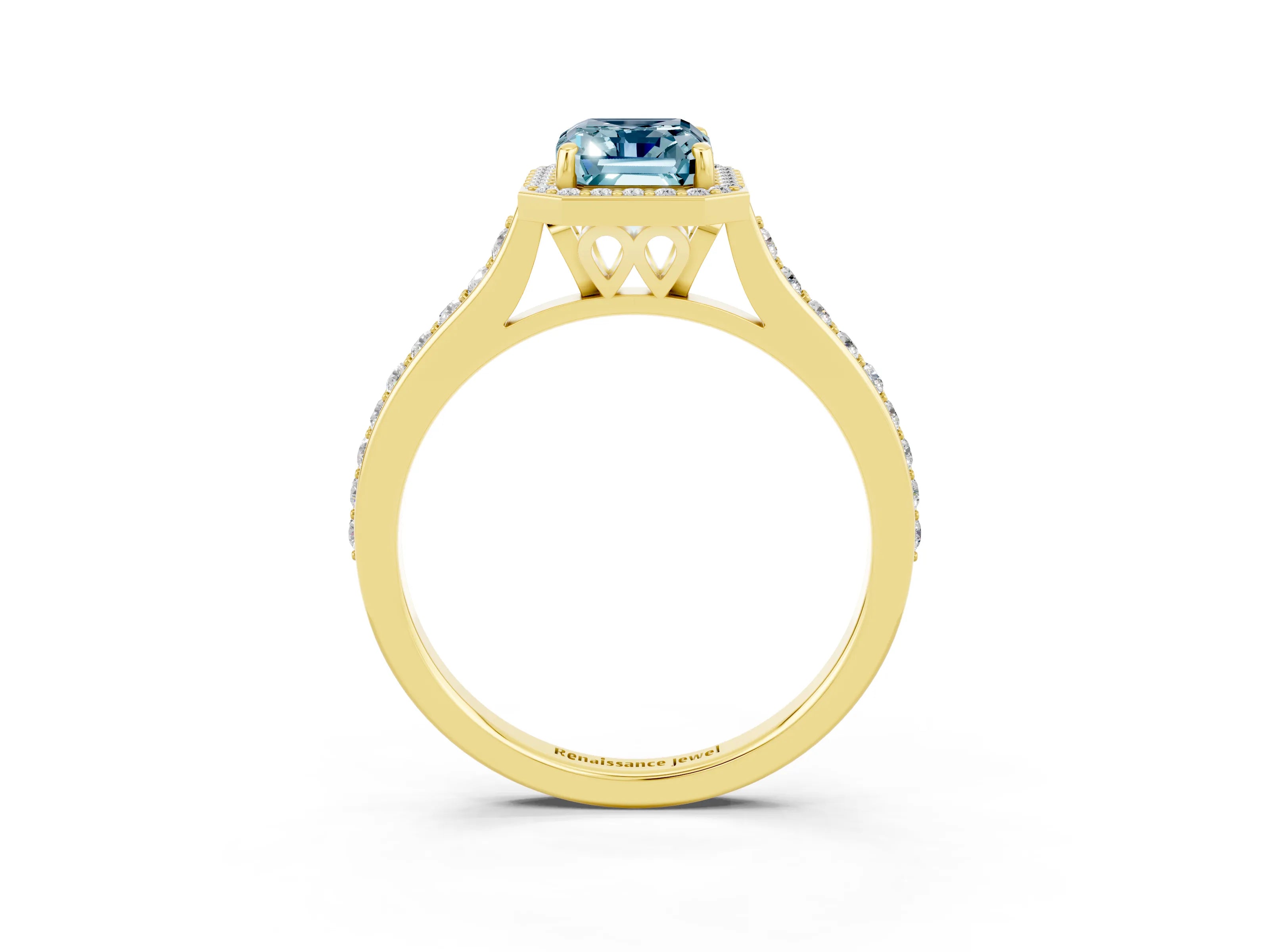 Yellow gold Emerald Cut Halo Round Diamond Pavé Band with Four-Prong Setting_3