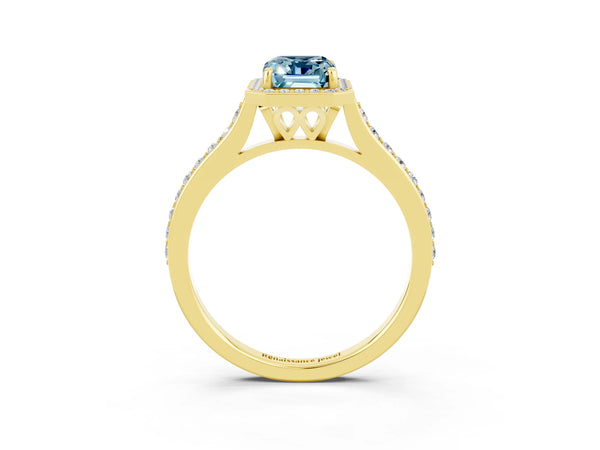 Yellow gold Emerald Cut Aquamarine Halo Engagement Ring with Round Pavé Shoulders and Prong Setting