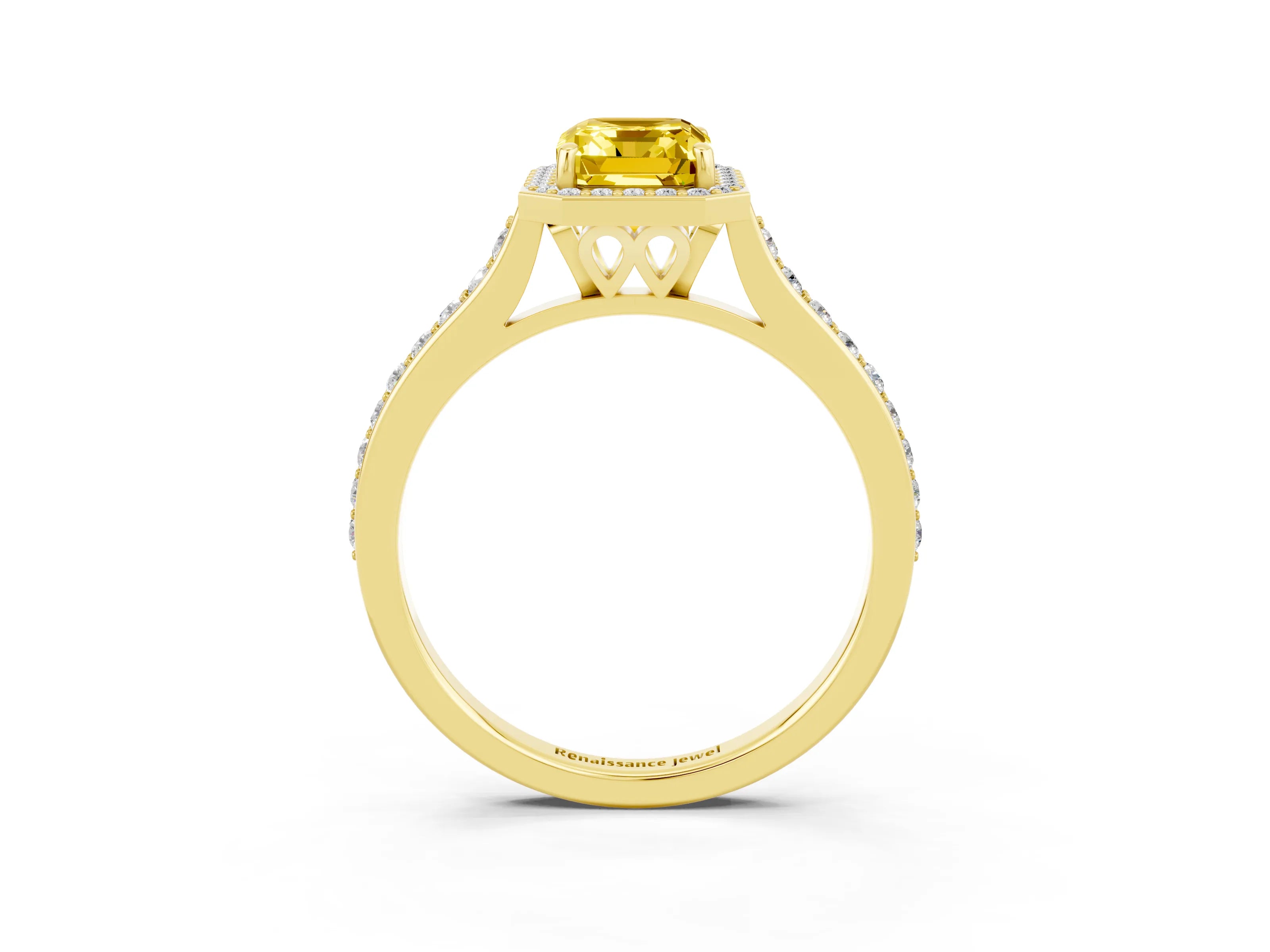 Yellow gold Emerald Cut Halo Round Diamond Pavé Band with Four-Prong Setting_3