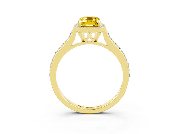 Yellow gold Emerald Cut Yellow Sapphire Halo Engagement Ring with Round Pavé Shoulders and Prong Setting
