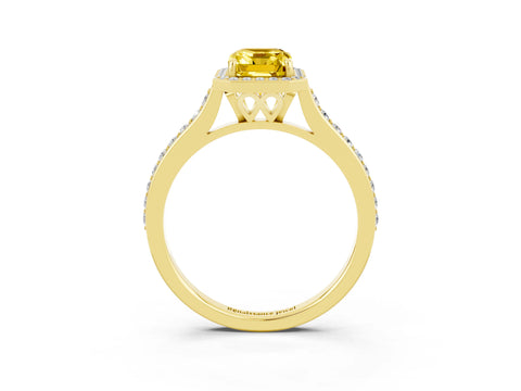 Yellow gold Emerald Cut Halo Round Diamond Pavé Band with Four-Prong Setting_3