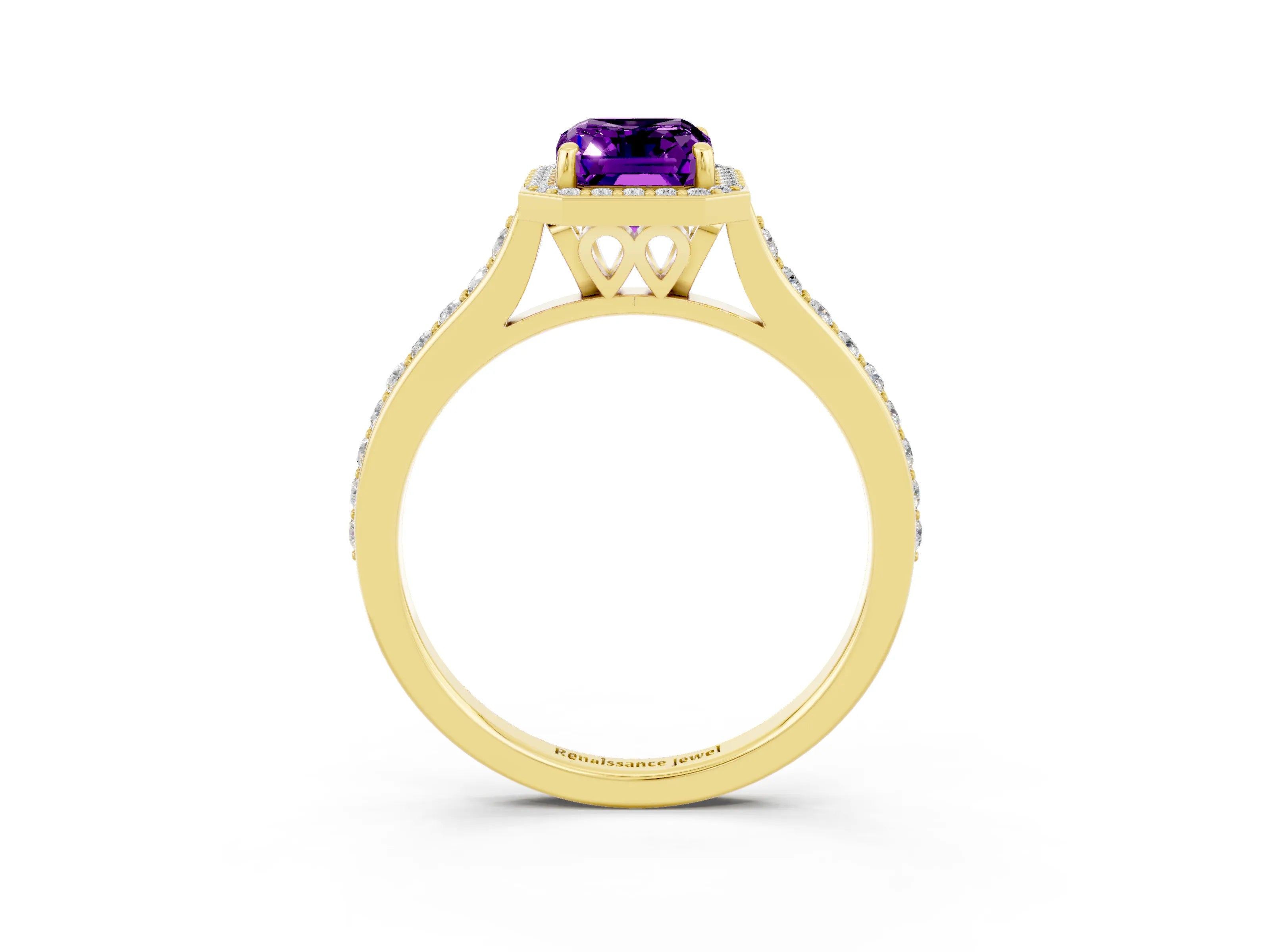 Yellow gold Emerald Cut Halo Round Diamond Pavé Band with Four-Prong Setting_3