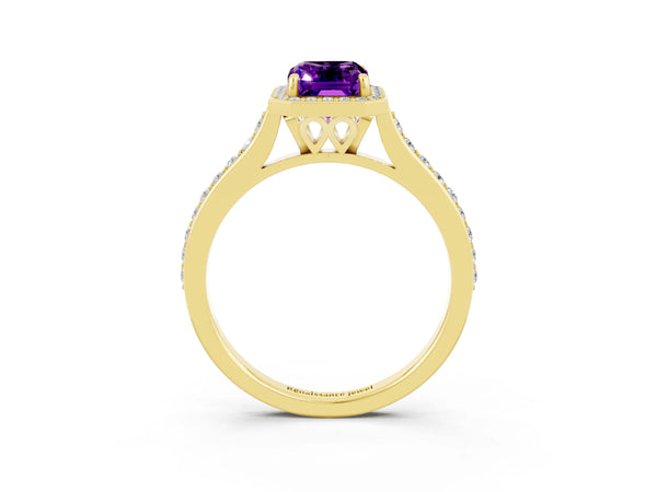 Yellow gold Emerald Cut Amethyst Halo Engagement Ring with Round Pavé Shoulders and Prong Setting