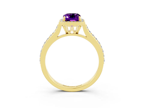 Yellow gold Emerald Cut Halo Round Diamond Pavé Band with Four-Prong Setting_3