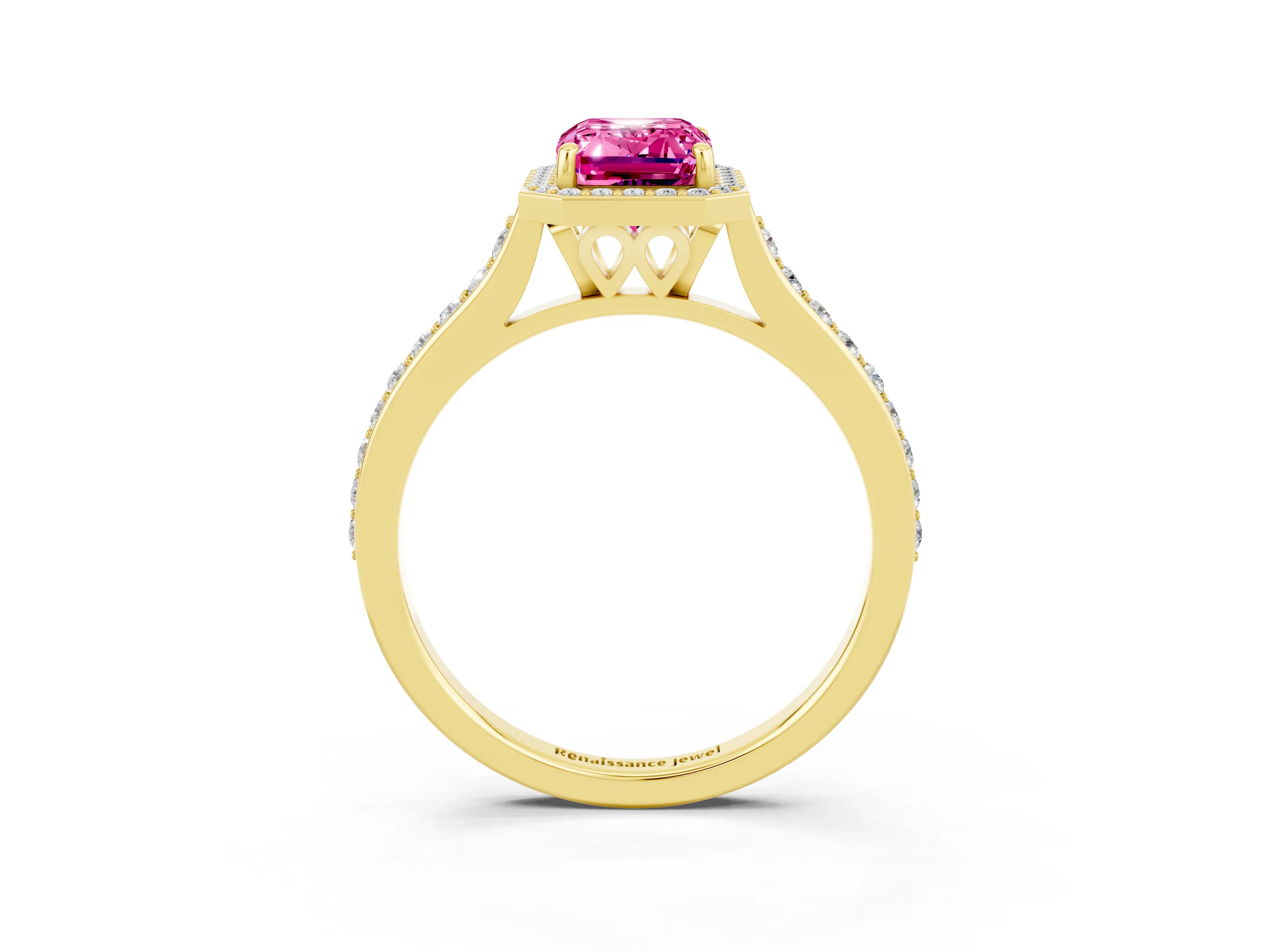 Yellow gold Emerald Cut Halo Round Diamond Pavé Band with Four-Prong Setting_3