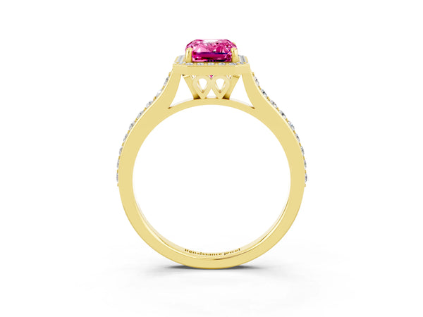 Yellow gold Emerald Cut Pink Sapphire Halo Engagement Ring with Round Pavé Shoulders and Prong Setting