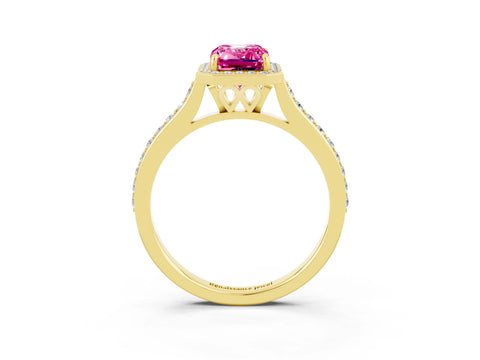 Yellow gold Emerald Cut Halo Round Diamond Pavé Band with Four-Prong Setting_3