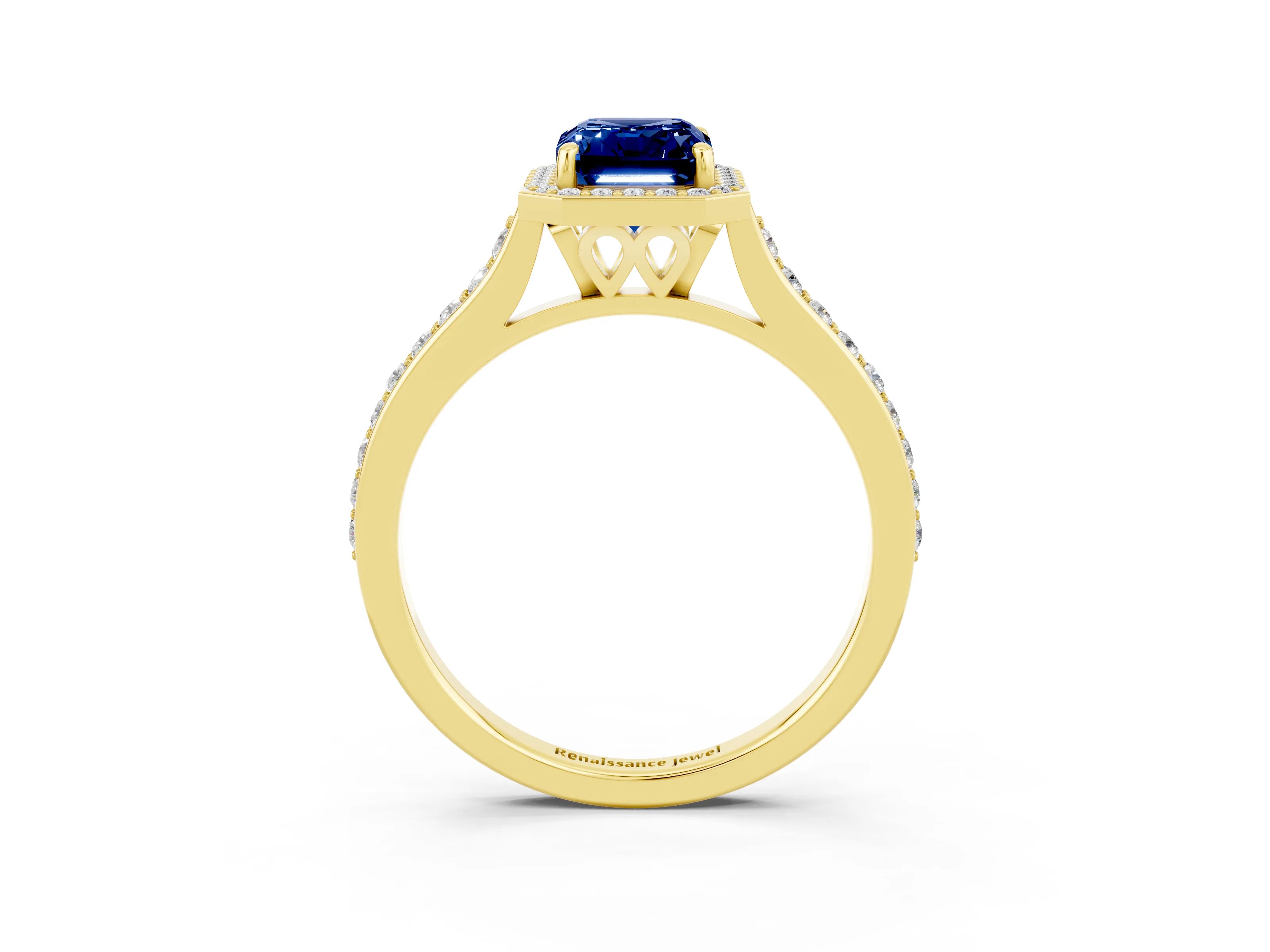 Yellow gold Emerald Cut Halo Round Diamond Pavé Band with Four-Prong Setting_3