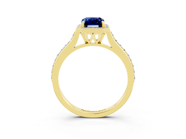 Yellow gold Emerald Cut Blue Sapphire Halo Engagement Ring with Round Pavé Shoulders and Prong Setting