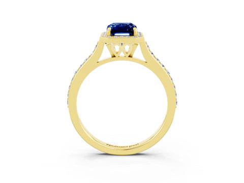 Yellow gold Emerald Cut Halo Round Diamond Pavé Band with Four-Prong Setting_3