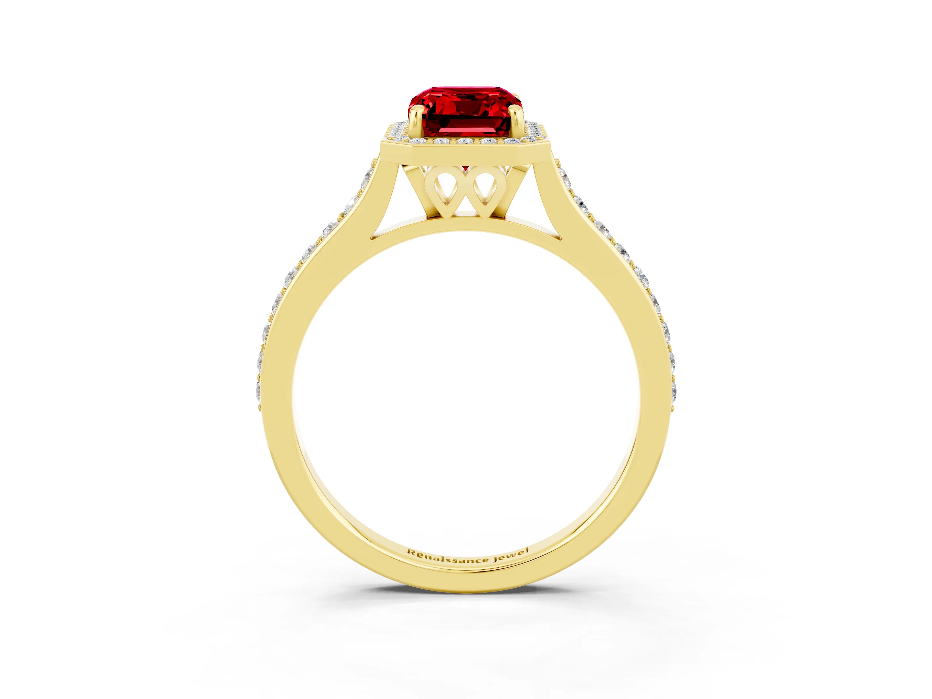 Yellow gold Emerald Cut Halo Round Diamond Pavé Band with Four-Prong Setting_3