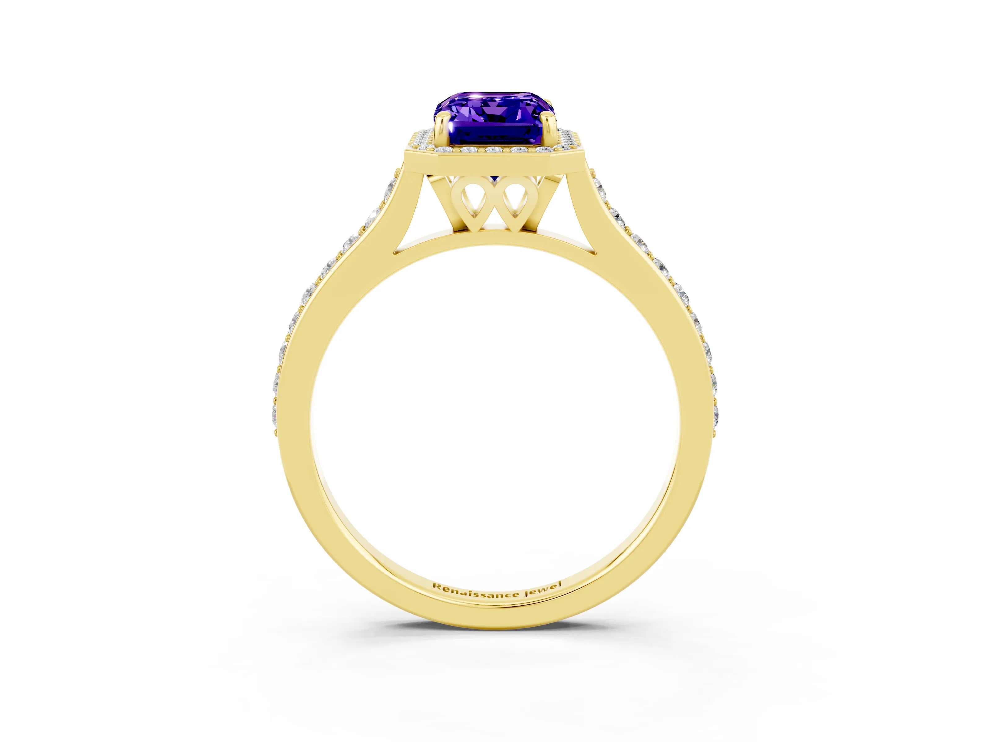 Yellow gold Emerald Cut Halo Round Diamond Pavé Band with Four-Prong Setting_3