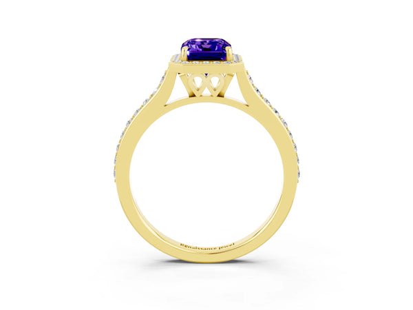 Yellow gold Emerald Cut Tanzanite Halo Engagement Ring with Round Pavé Shoulders and Prong Setting